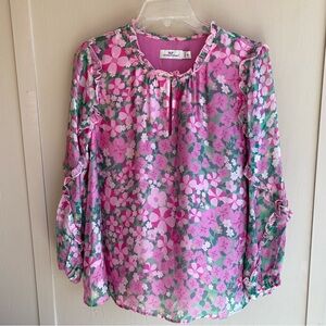 EUC Pink & Green Vineyard Vines Floral Popover Ruffled Blouse Size M